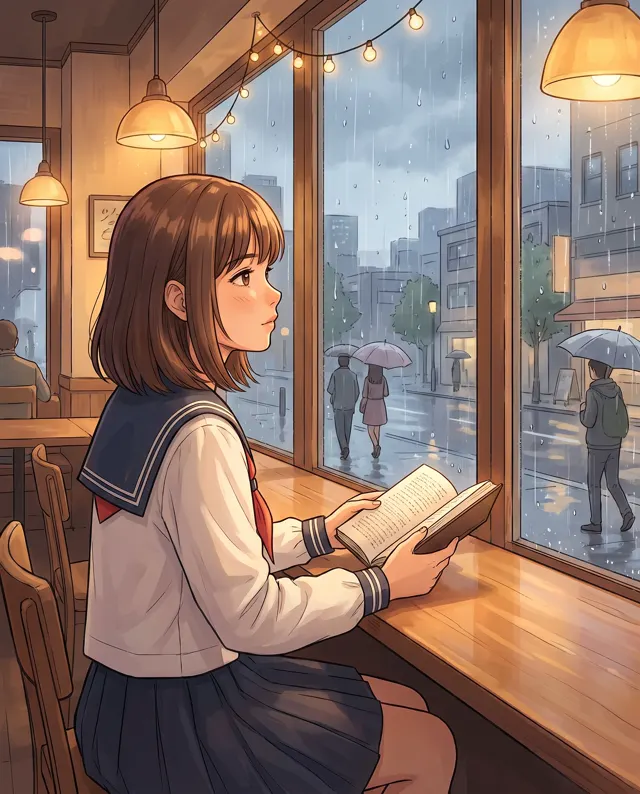 樱花少女走进雨天咖啡馆