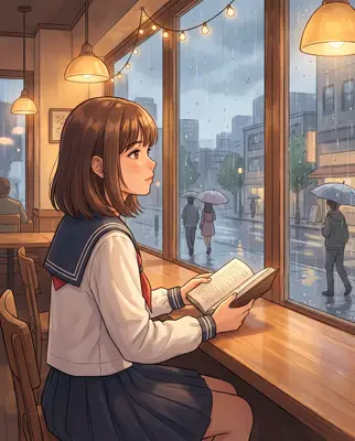 樱花少女走进雨天咖啡馆