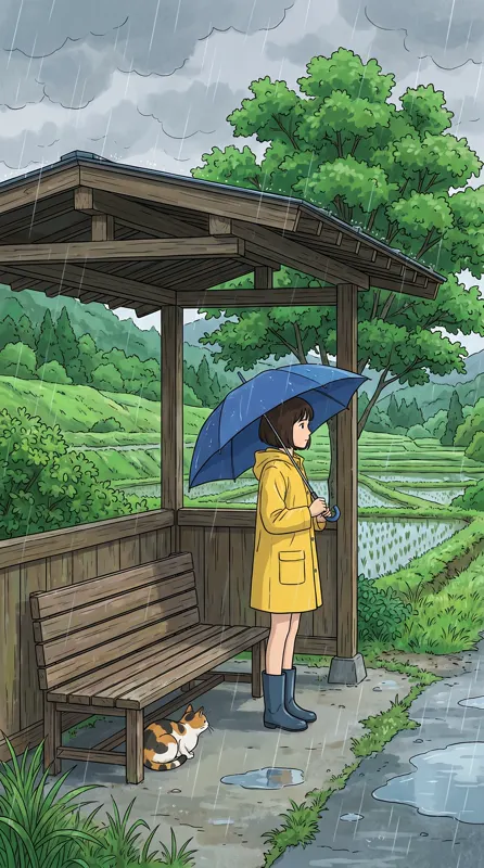 雨天乡间公交站