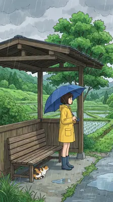 雨天乡间公交站