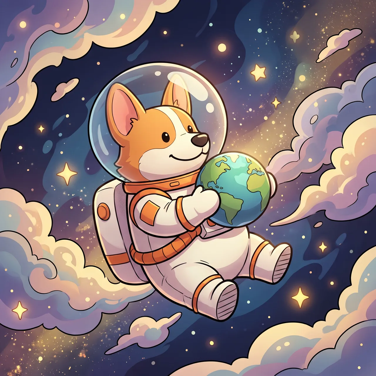 一只穿宇航服的 3D 卡通柯基漂浮在彩色星云中,怀里抱着一颗小星球