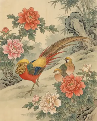 工笔牡丹与锦鸡