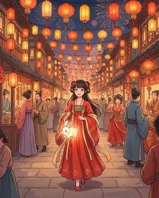 元宵灯会里的汉服少女