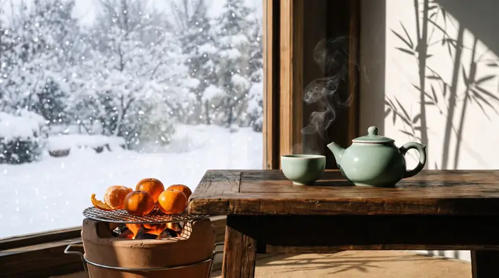 青瓷茶具换到雪景窗前